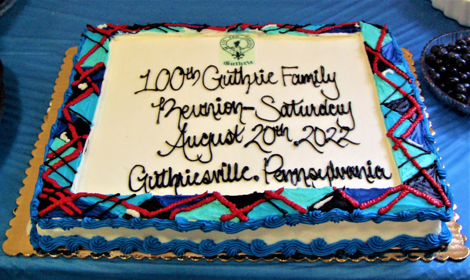 The 100th Guthrie family reunion featured a smorgasbord of dishes, including this sheet cake decorated to honor the occasion.