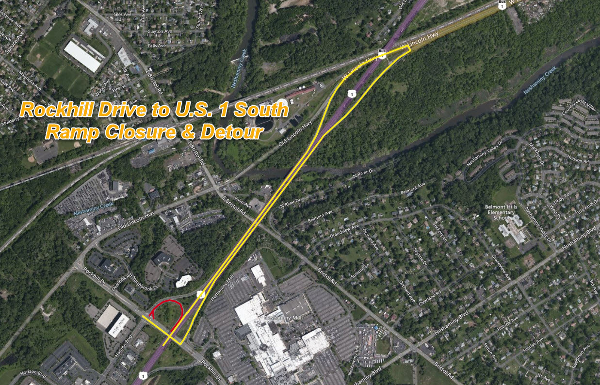 During the closure, motorists will be directed to use northbound U.S. 1, exit at Penndel/Business U.S. 1 and turn left at a temporary signalized intersection at the bottom of the ramp onto Old Lincoln Highway to access the ramp to southbound U.S. 1.
