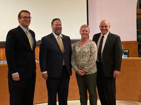 New Council Rock School District administrators (from left) David Marcinkowski, Tim Dailey and Jessica Binda-Rischow with Superintendent Andy Sanko (far right) after their hirings were approved by the school board.