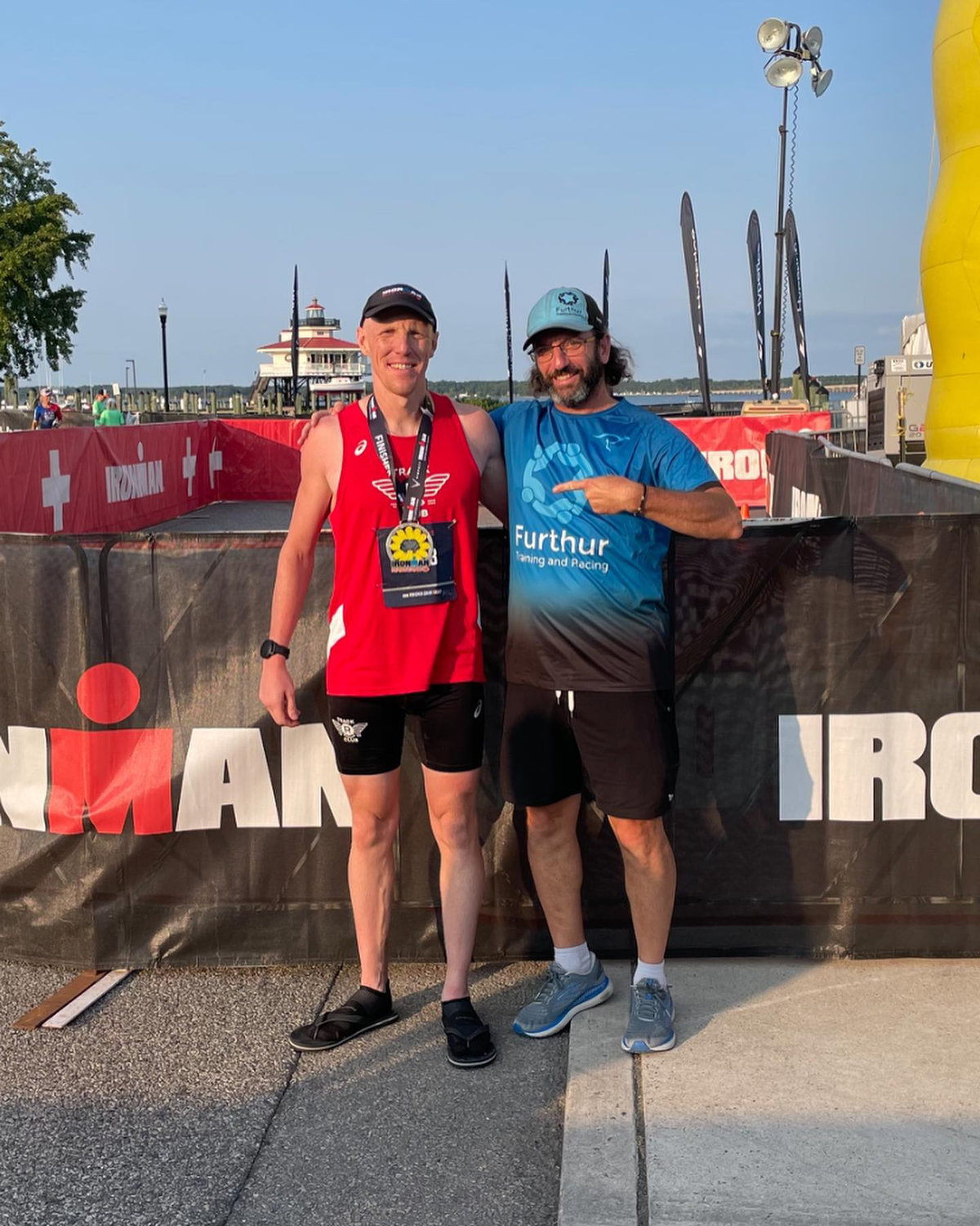 Steve Hallman, left, completed Ironman Maryland in the top 10% of the field.