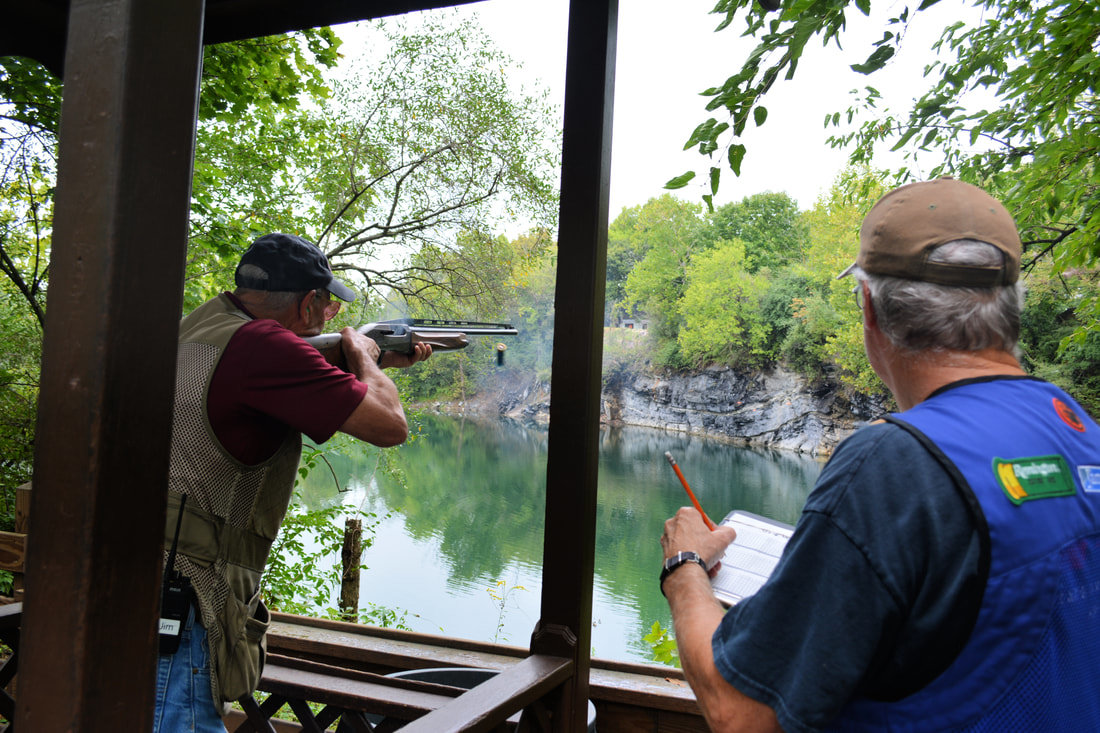 One of the 80 shooters who participated in the Upper Bucks County Chamber of Commerce’s Clay Shoot takes aim.