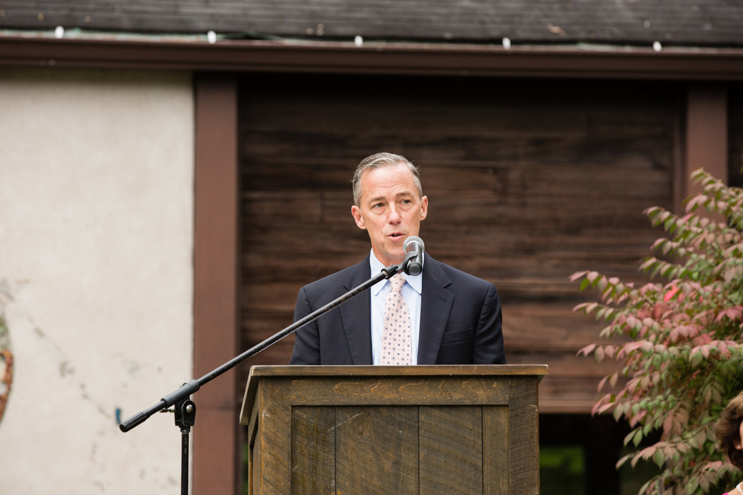 Michael Godshall, clerk of the board of trustees for BFS and an alumni parent, speaks at the groundbreaking ceremony.
