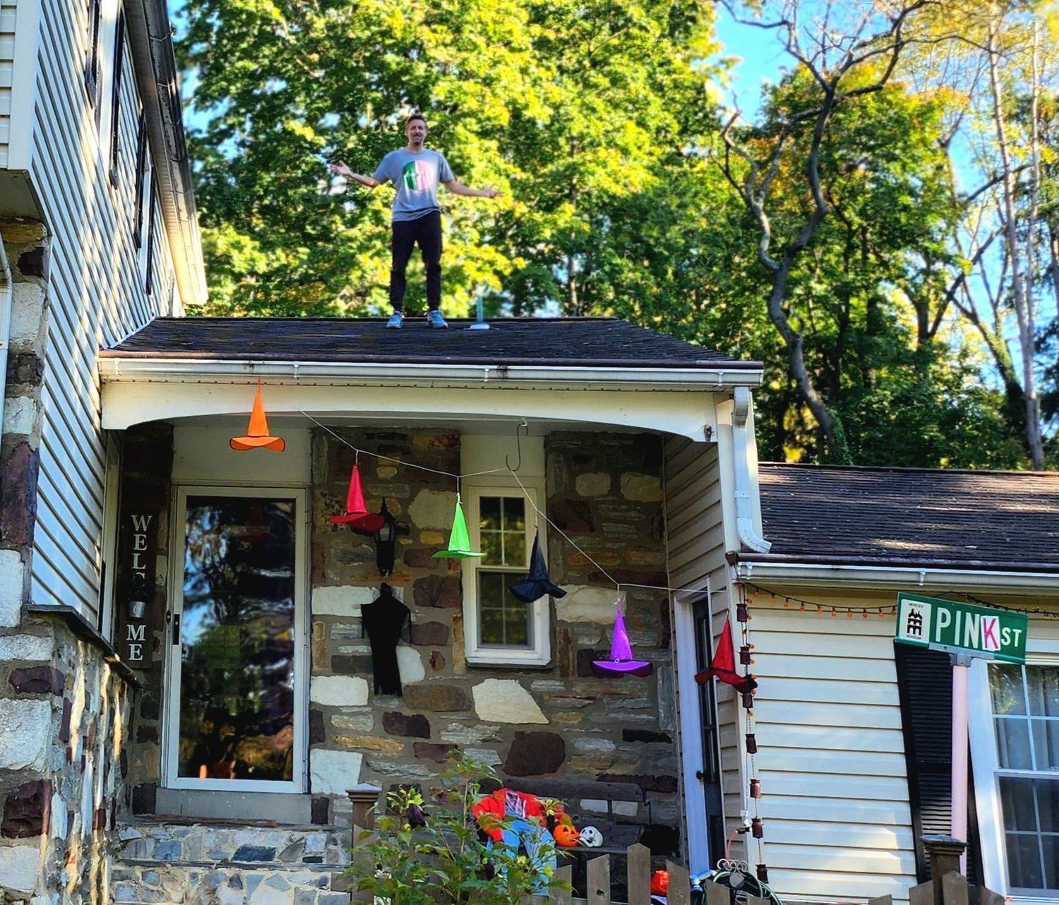Keith Fenimore, on the roof of his house in Doylestown, is ready for an unconventional Pine2Pink fundraising event.