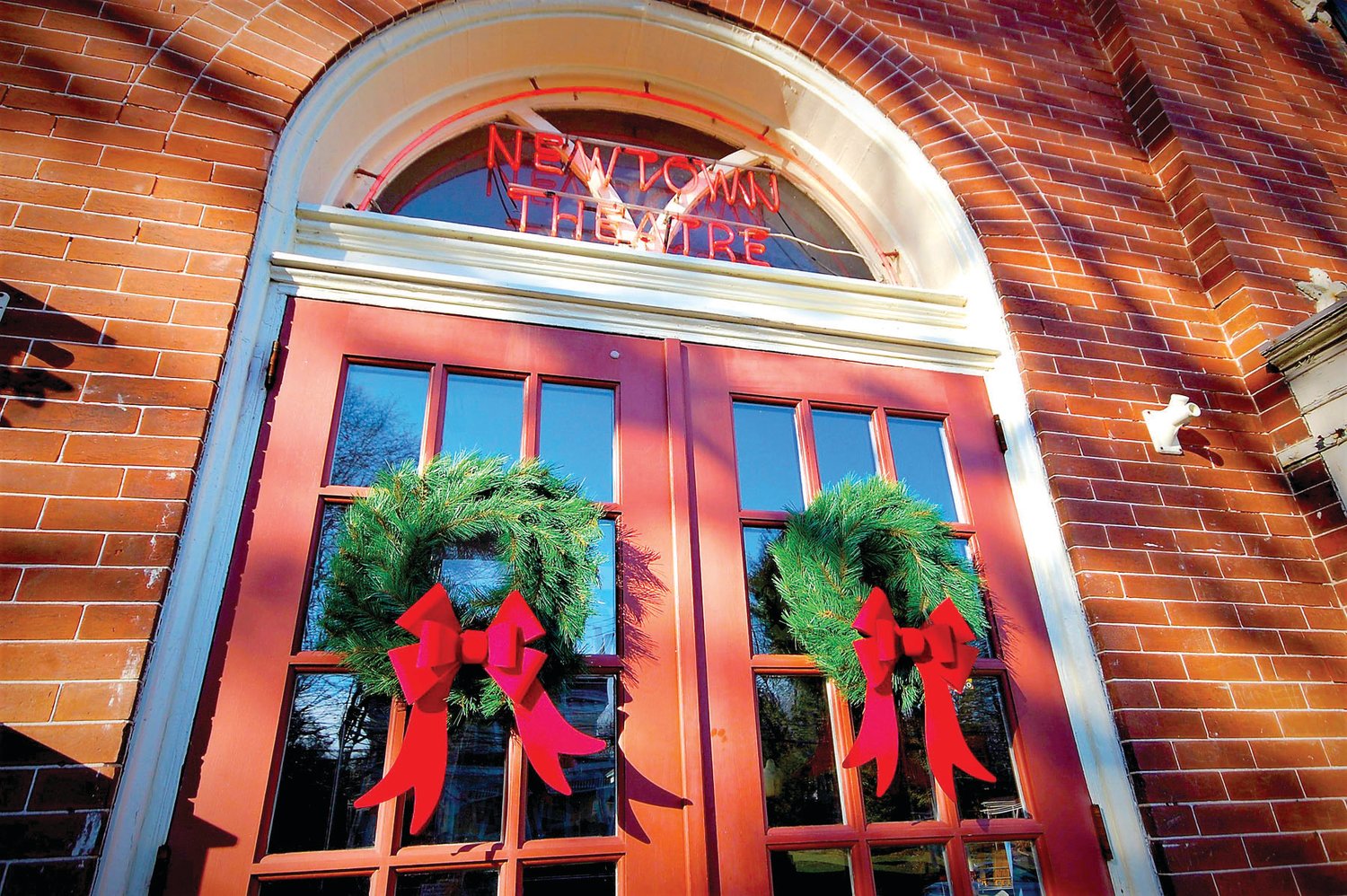 The Newtown Theatre is decorated for the holidays.
