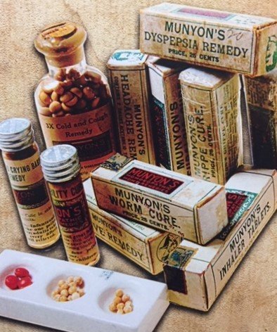 Munyon’s pill boxes. Under the Pure Food and Drug Act, he changed his advertising claims from “cure” to “remedy.