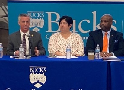 Bucks County Commissioners Chairman Robert Harvie, left, speaks during a forum on COVID’s impact on children as Centennial School District Superintendent Dana Bedden, right, and Bucks County Opportunity Council Client Services Director Heather Foor look on.