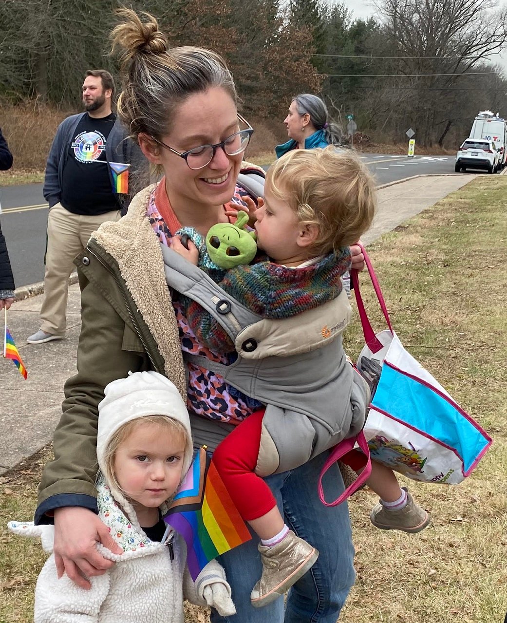 Dana Roberts, a Doylestown Borough mother, brought her young children to the rally to “support teachers.”