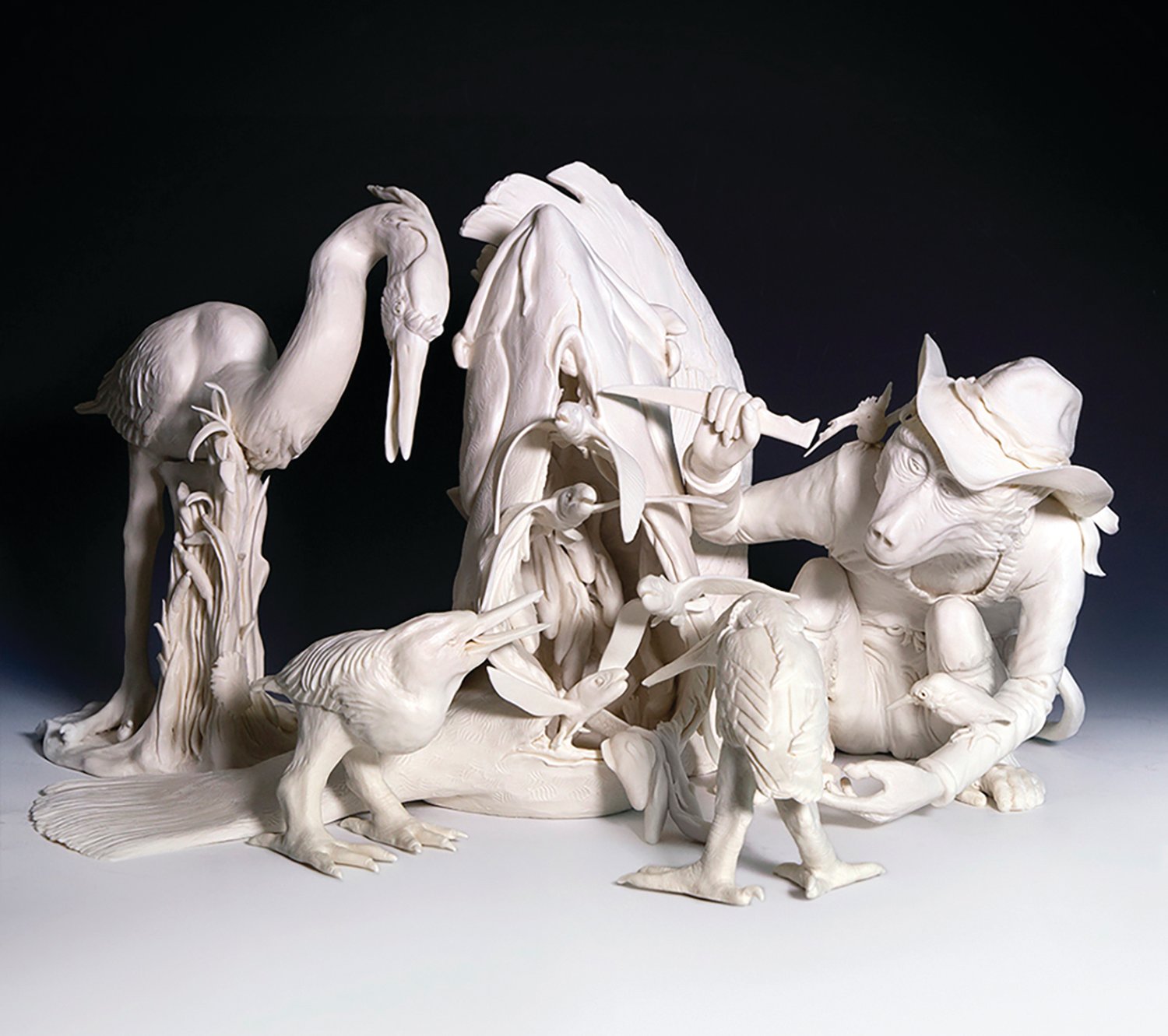 Courtesy of the artist
“Liberality” is a porcelain work by Tricia Zimic, in which a baboon is shown opening a fish to feed nearby birds, symbolizing the virtue of pure generosity and openhandedness. It is part of “Sins & Virtues.”