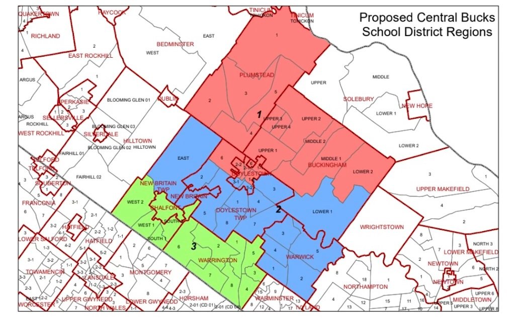 “CBSD Fair Votes” proposed a map with three Central Bucks School District voting regions, each electing three school board members.