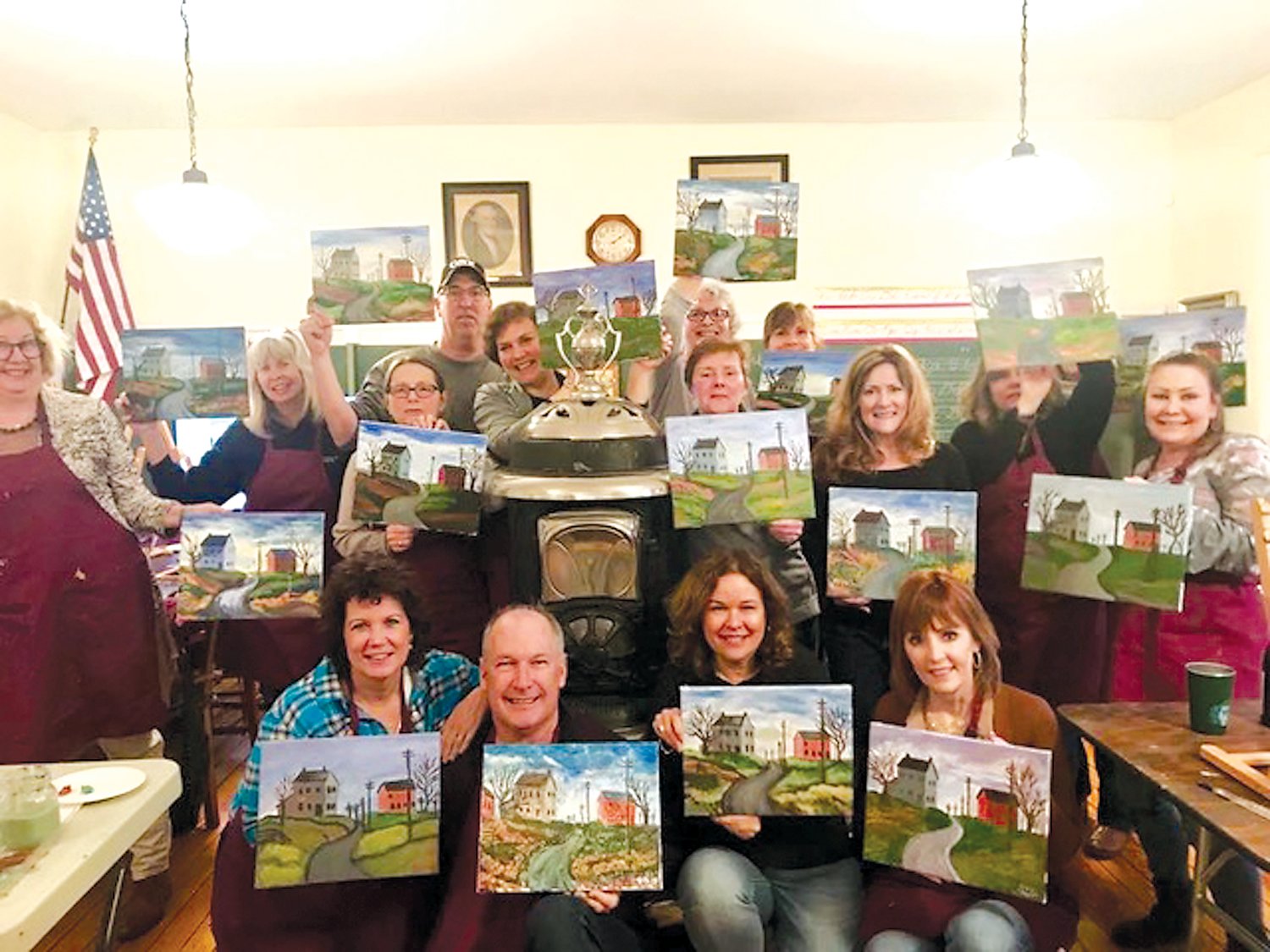 A group photo shows Impression-Sips participants from 2019 with their artwork.