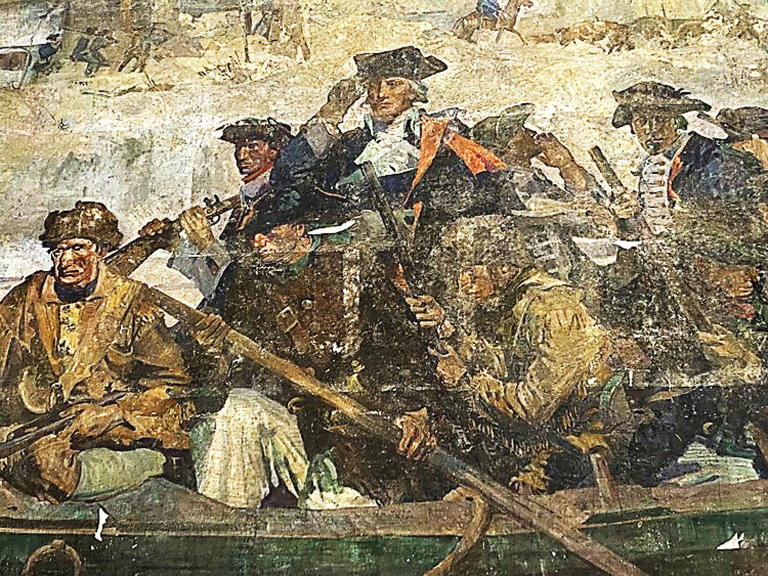 Shown is a detail of a historic mural by American muralist and combat artist George Matthews Hardin, which is being restored  by the volunteer friends group of Washington Crossing State Park in New Jersey. Pat Millen, a founding trustee of the friends group, Washington Crossing Park Association (WCPA), recently discovered this long-forgotten mural.