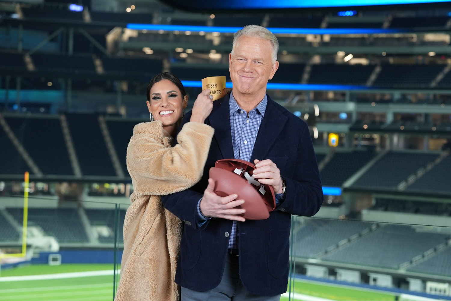 Daniela Ruah, star of CBS’s “NCIS: Los Angeles,” and Boomer Esiason, analyst for CBS Sports’ “The NFL Today” with a selection of one of their all-time favorite Super Bowl commercials, during the film of “Super Bowl Greatest Commercials: Battle of the Decades,” produced by Film 45 and Newtown-based Juma Entertainment.