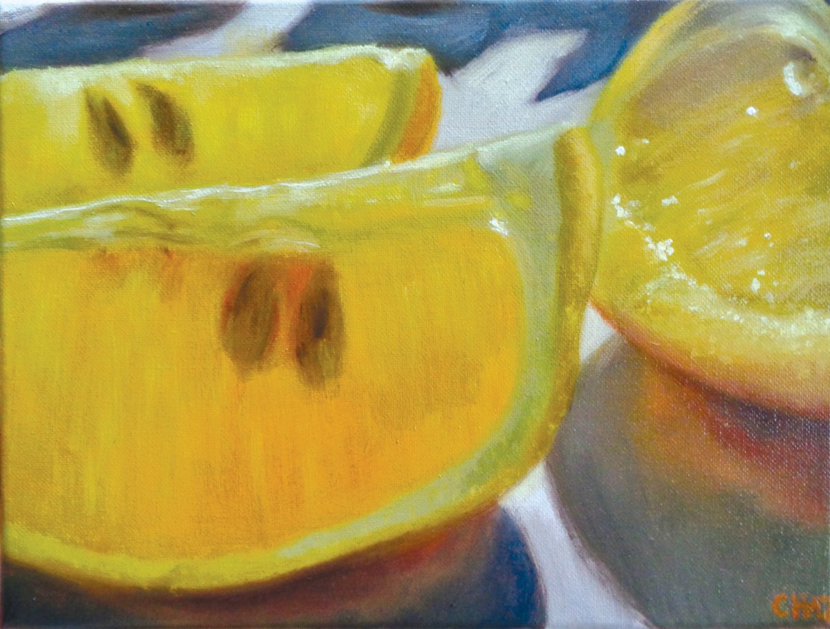 “Lemon Wedges” is a recent oil on canvas by Charlie Sahner.