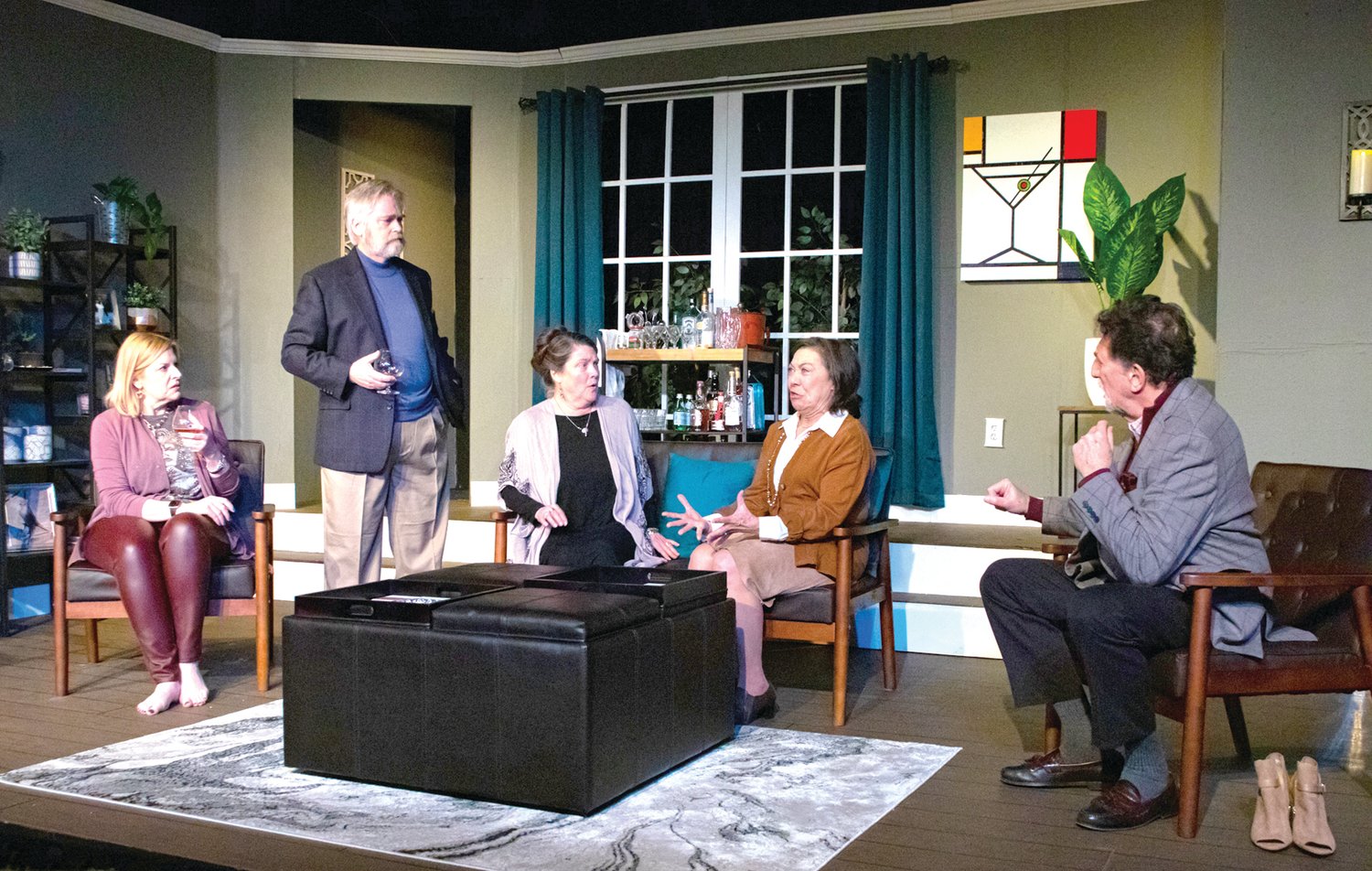 From left are Susan Fowler, George Hartpence, Carol Thompson, Adele Batchelder and Rick Pine, on stage in the ActorsNet production of “A Delicate Balance.”