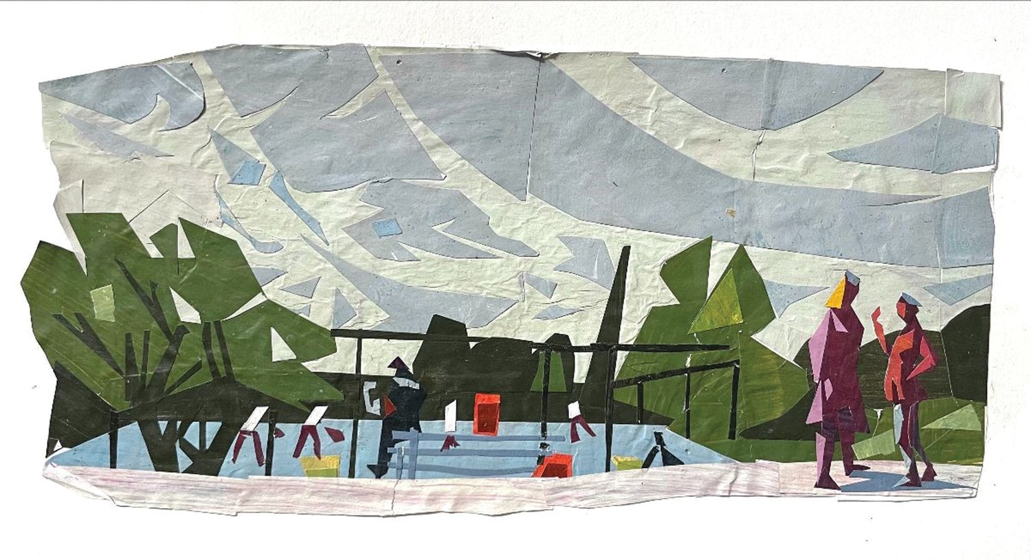 “Tennis Practice” is a painted paper collage by Alex Cohen, on view at George School’s gallery at Walton Center.