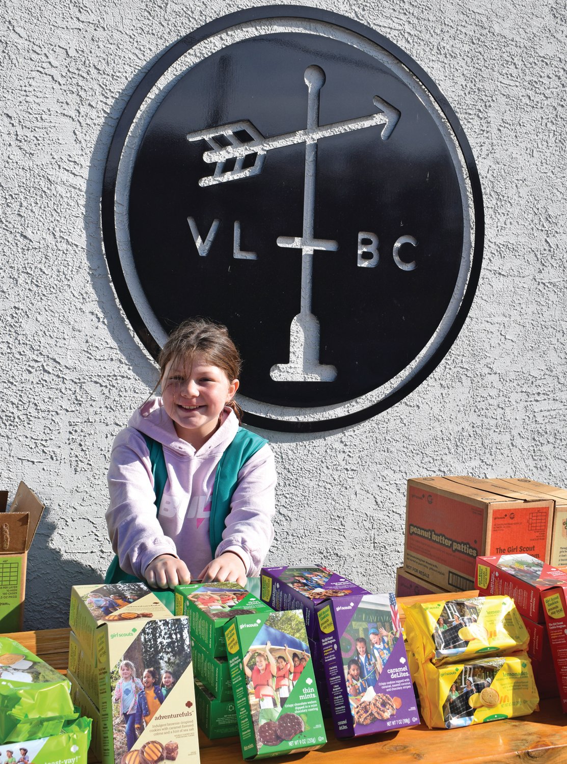 Abby McDonnell, of Girl Scout Troop #21374, sells cookies outside of Van Leius Brewing Company on Jan. 28.