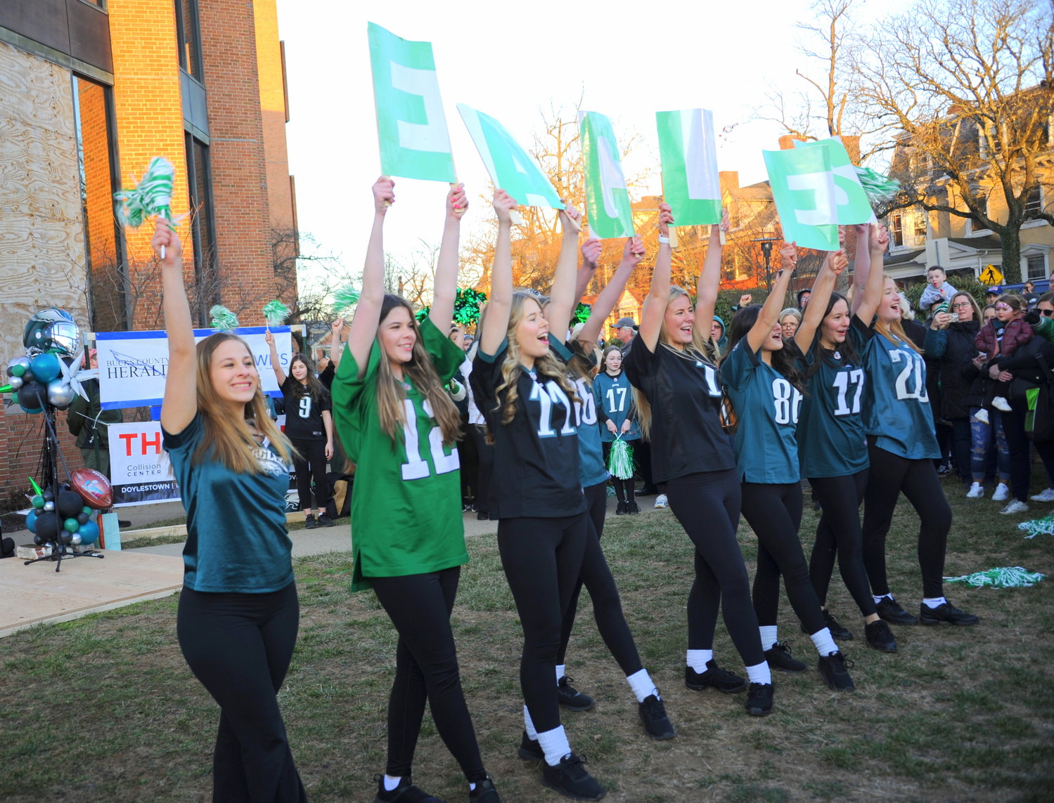 Members of the Fitzpatrick School of Irish Dance lead the crowd in an “E-A-G-L-E-S Eagles!” chant during their Friday night performance at the Herald’s “Bucks County Loves the Birds” pep rally on the lawn of the old county courthouse in Doylestown.