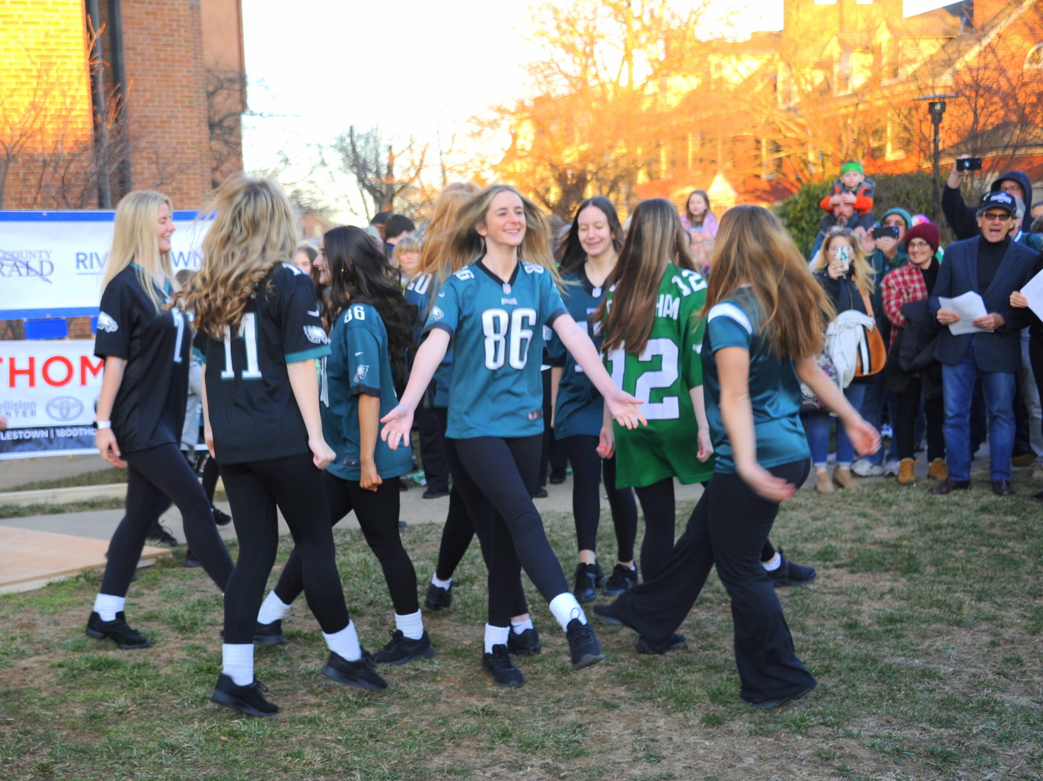 Members of the Fitzpatrick School of Irish Dance pay tribute to the Philadelphia Eagles Friday night at the Herald’s “Bucks County Loves the Birds” pep rally on the lawn of the old county courthouse in Doylestown.