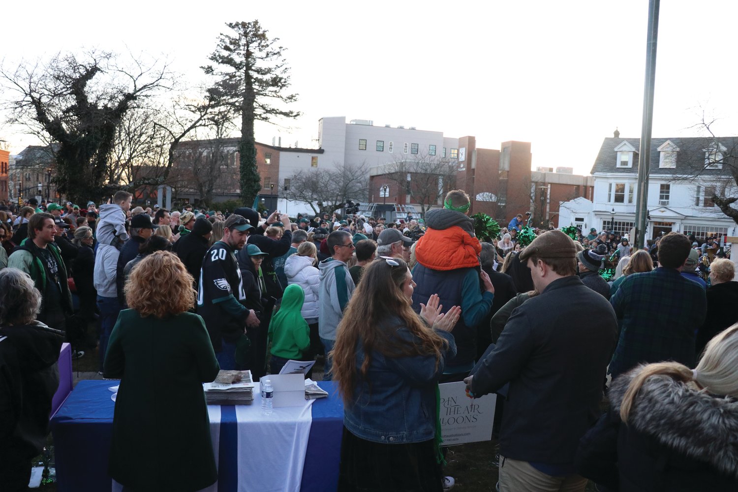 The view of the old courthouse lawn from the Bucks County Herald’s table at the “Bucks County Loves the Birds” pep rally last Friday shows the throngs of Eagles fans who gathered outside on a February Friday evening to celebrate the Super Bowl-bound Eagles. For Herald Editor-in-Chief John Anastasi, though, it was a celebration of community and teamwork.