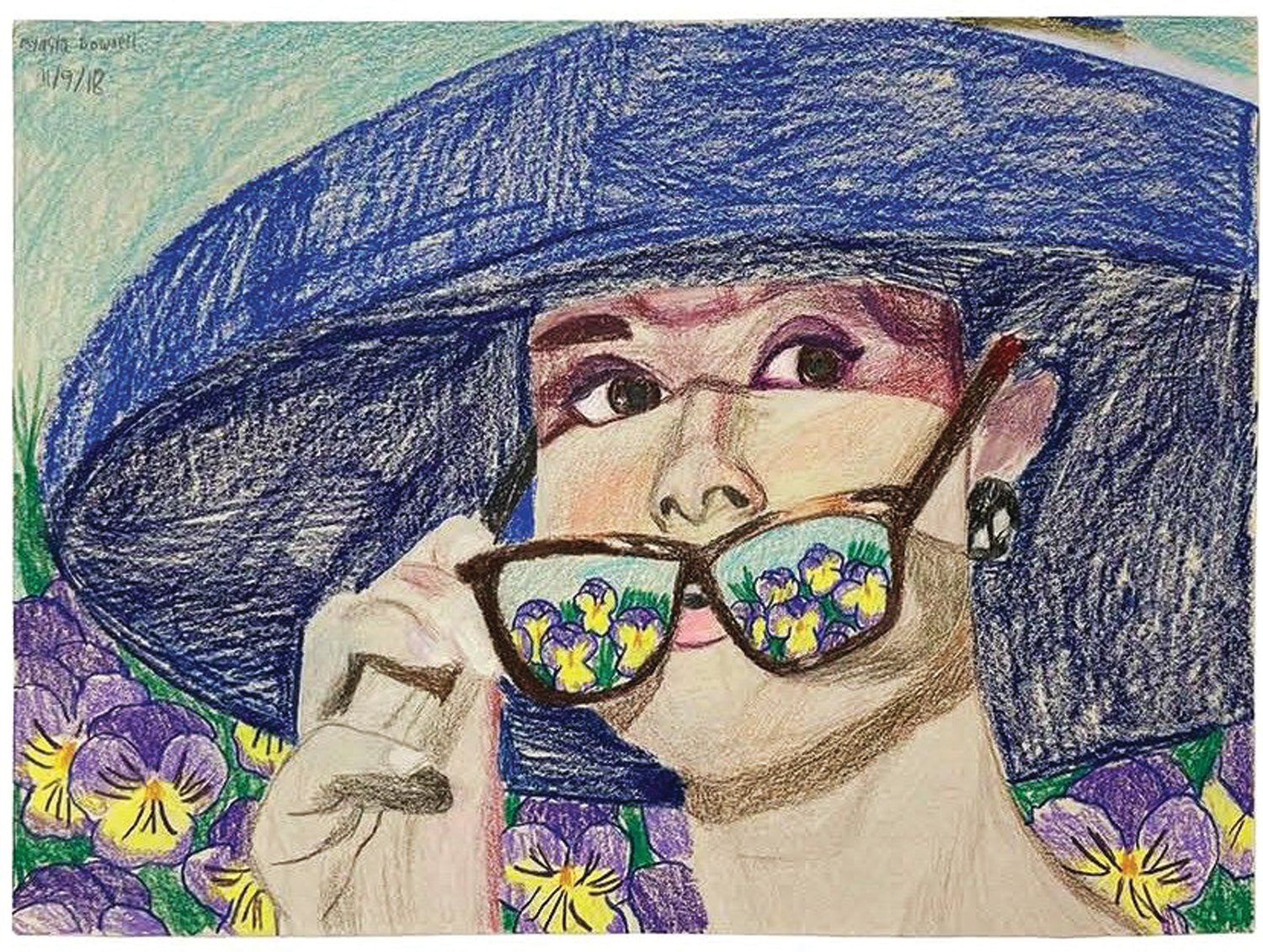 “Audrey  Hepburn and Pansies” is by Myasia  Dowdell.