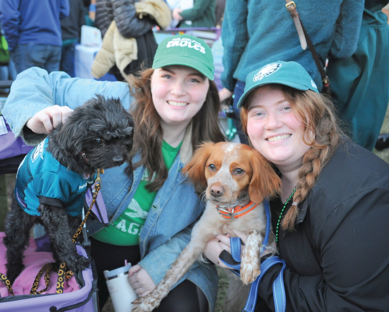 Maeve and Ayla Corr brought their pups Millie and Fallon to the Herald’s “Bucks County Loves the Birds” pep rally Friday evening in Doylestown.