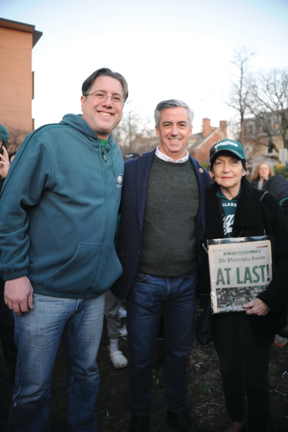 (From left) Bucks County State Rep. Tim Brennan, D-29, Bucks County Commissioner Bob Harvie and Doylestown mayor Noni West, pose for a photo during the Herald’s “Bucks County Loves the Birds” pep rally on the lawn of the old county courthouse in Doylestown.