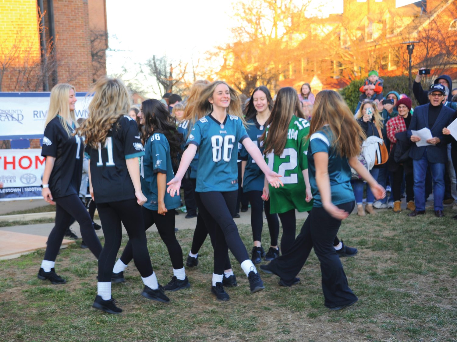 Members of the Fitzpatrick School of Irish Dance pay tribute to the Philadelphia Eagles Friday night at the Herald’s “Bucks County Loves the Birds” pep rally on the lawn of the old county courthouse in Doylestown.
