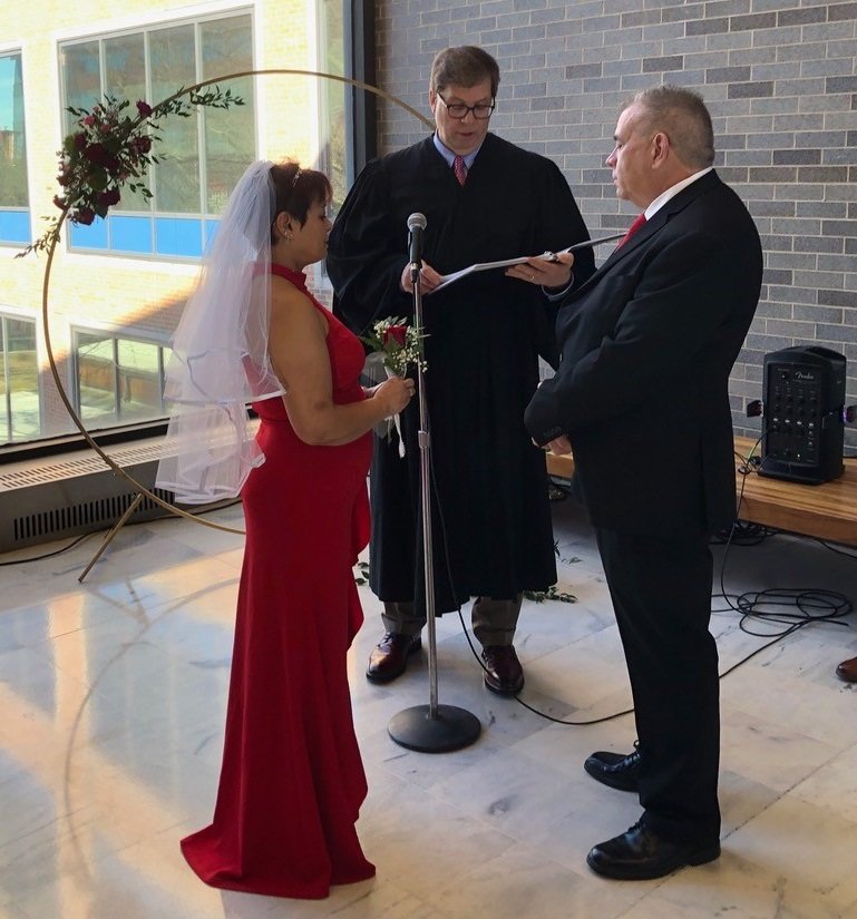 Janet and William Carr were joined in marriage by Judge Brian T. McGuffin on Valentine’s Day at the old Bucks County courthouse. They were among the 200 or so who came to the courthouse either to witness or be part of the ceremony.
