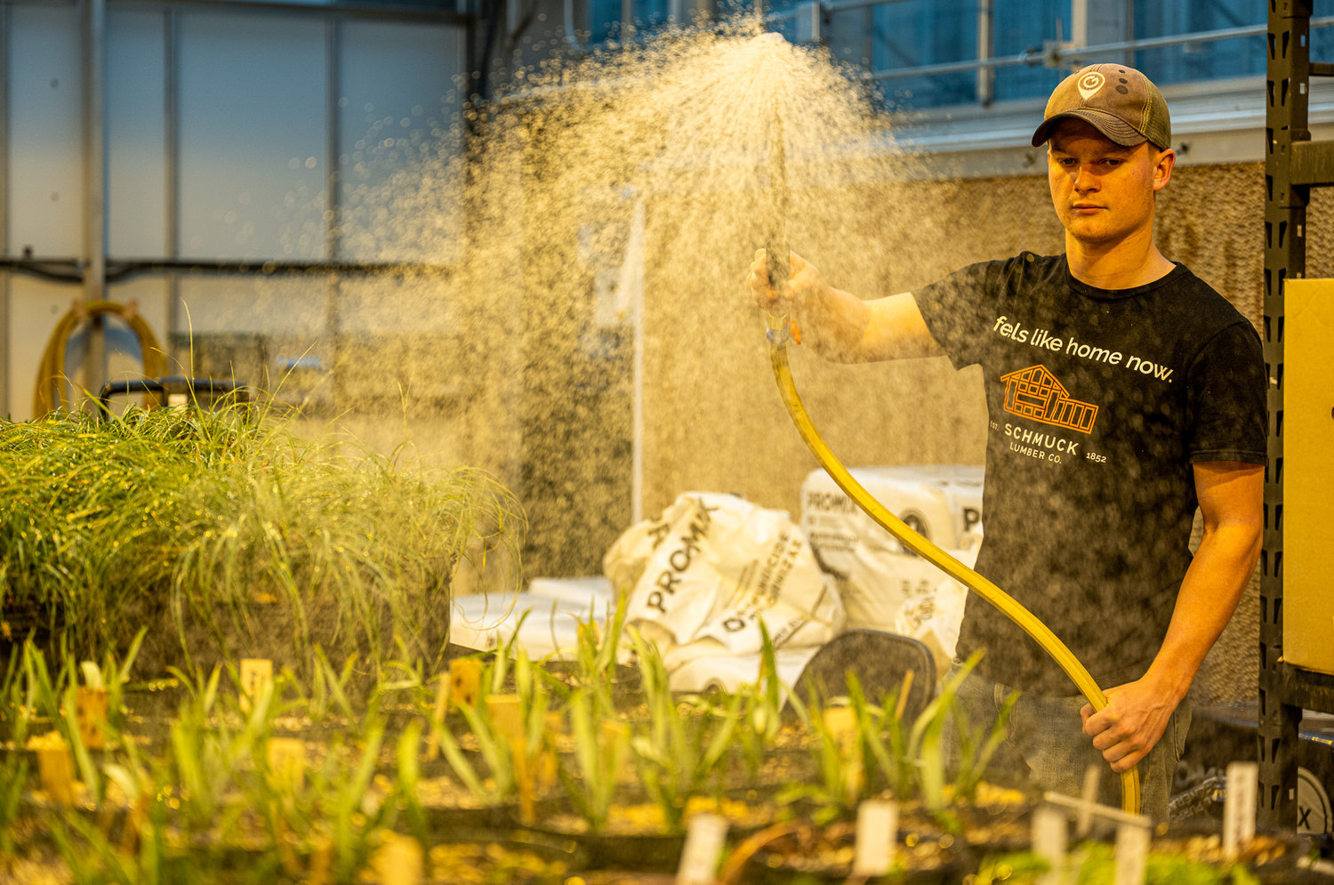 Landscape Architecture major Braden Gobrecht waters plants in the greenhouse at Delaware Valley University in the runup to DelVal’s exhibit at the Philadelphia Flower Show. It is the nation’s largest horticultural event.
