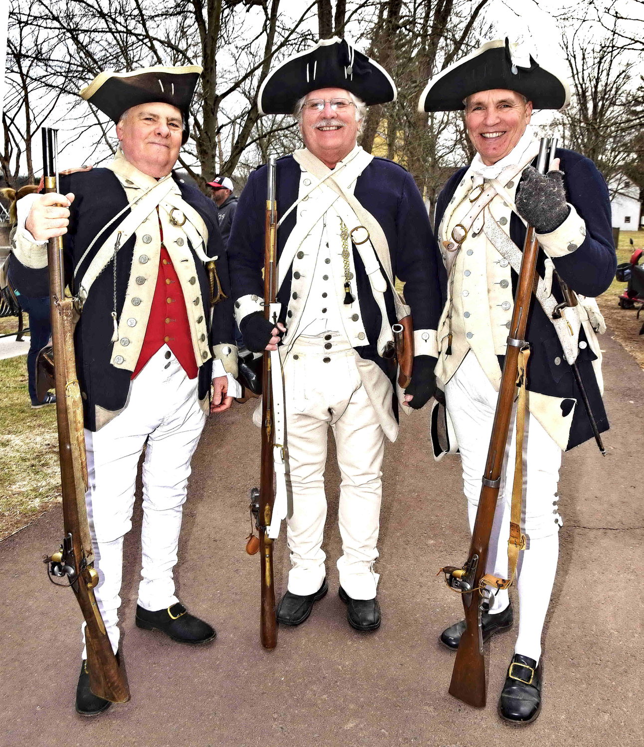 Dominick Ditorio, Brian Kovak and Pat Murphy portray Revolutionary soldiers at George Washington’s 291st birthday celebration at Washington Crossing Historic Park.