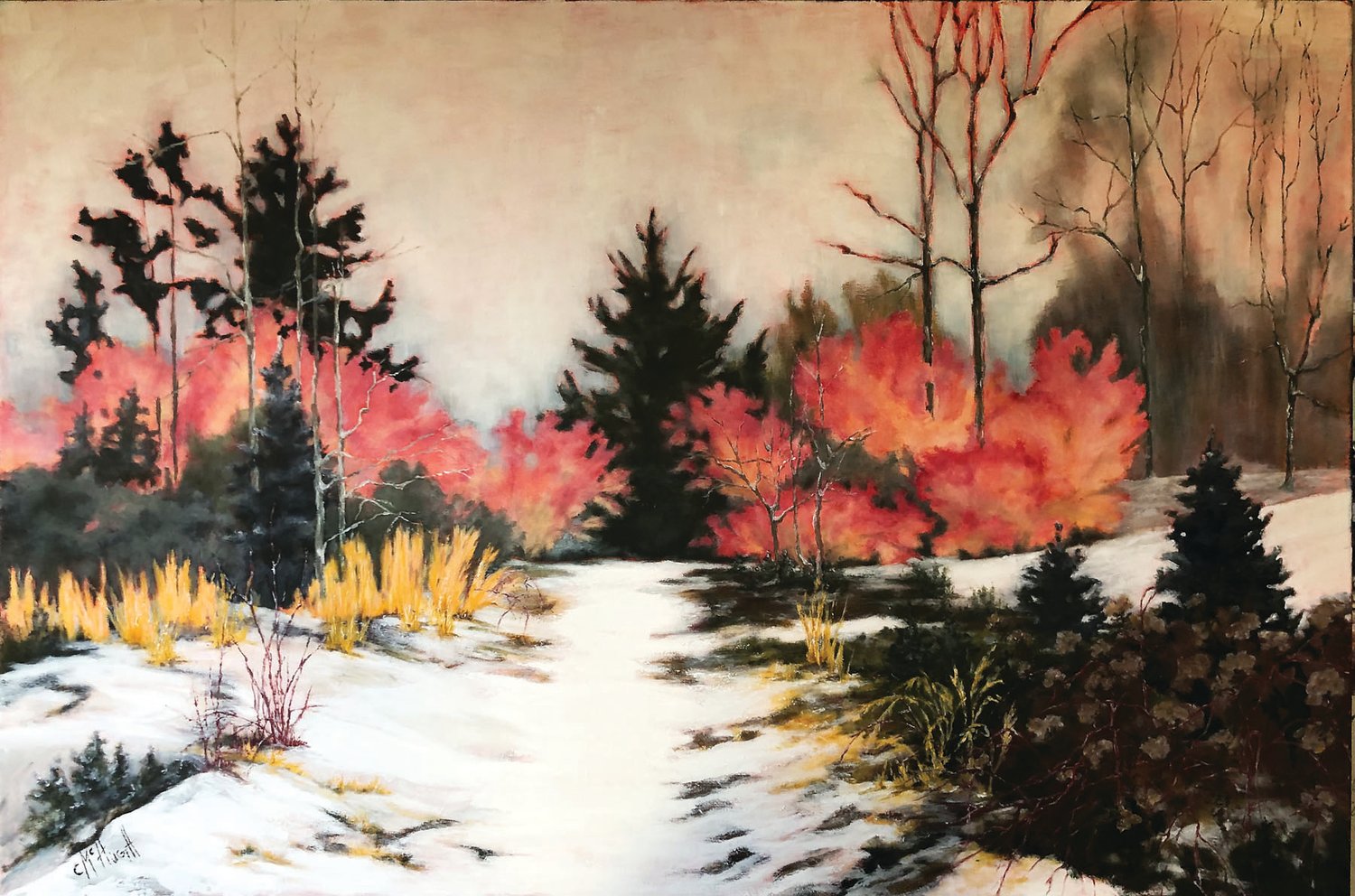“Winter Walk” is an oil on wrapped linen by Christine McHugh.