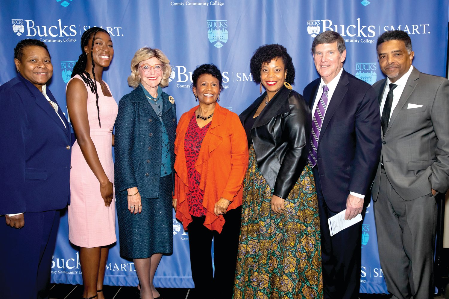 Bucks County Community College President Dr. Felicia Ganther, left, honored four leaders with the second annual Dr. Martin Luther King Jr. Dream Builder Awards for their dedication to nondiscrimination. They are, from second left, Student Dream Builder Lateefat Adewale of Croydon, Corporate Dream Builder Dr. Vail Garvin of Warminster, Humanitarian Dream Builder Karen Downer of Bensalem, and Community Dream Builder Adrienne King of Perkasie. Joining in congratulating the awardees are board of trustees Chair Tom Jennings and Associate Vice President Kevin Antoine.