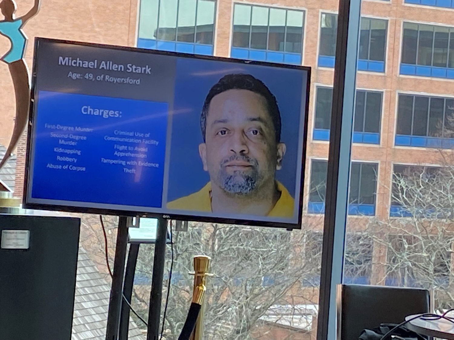 A monitor on the fourth floor of the Bucks County Justice Center displays a photograph of Michael Allen Stark  49, of Royersford, Montgomery County and a list of the charges filed against him. A grand jury has recommended kidnapping and murder charges against Stark in the disappearance and death of Matthew James Branning.