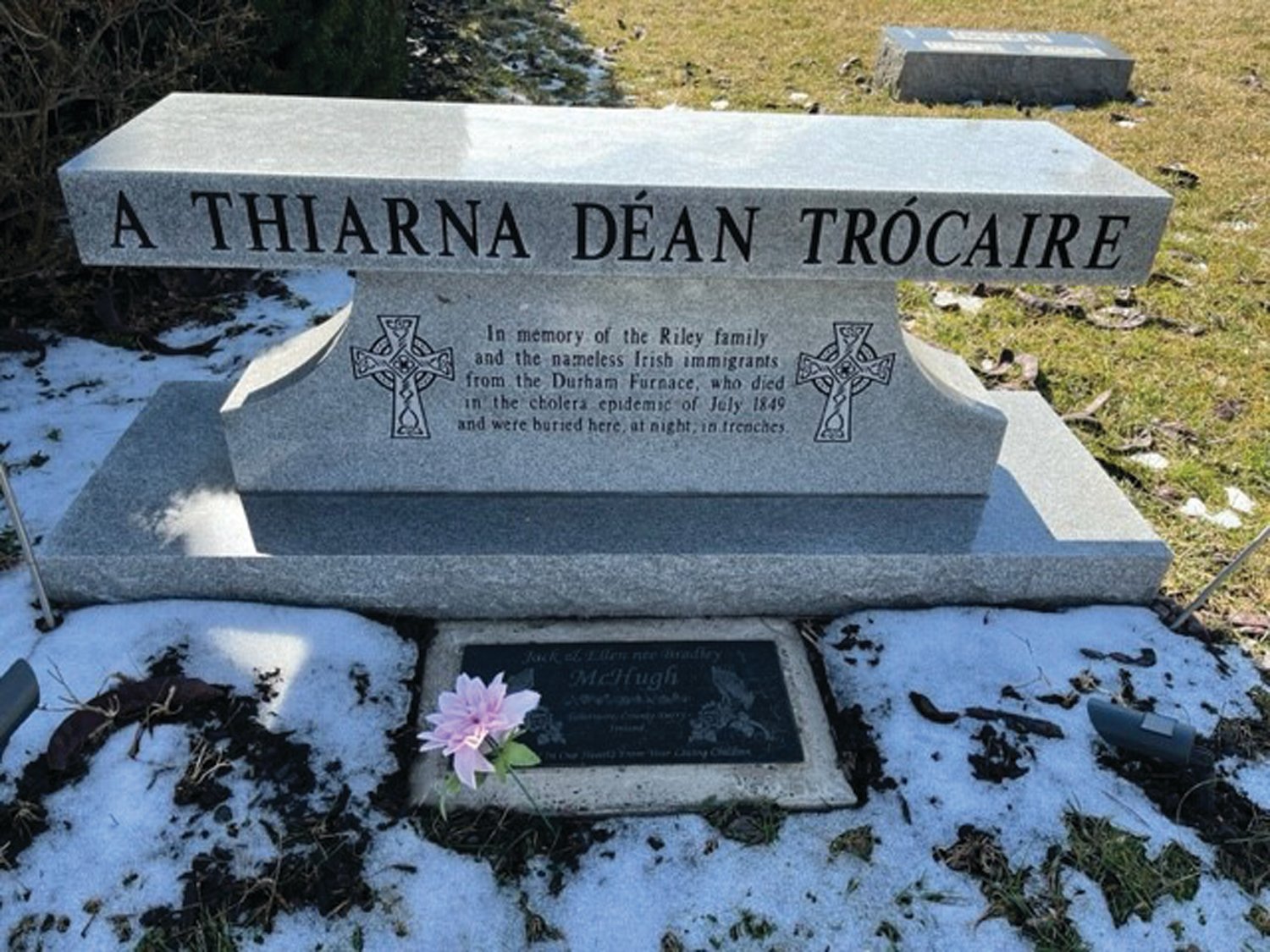 A granite memorial stone at Old St. John’s Roman Catholic Cemetery in Haycock calls to mind the tragic deaths of unknown Irish immigrants during a 19th Century pandemic.