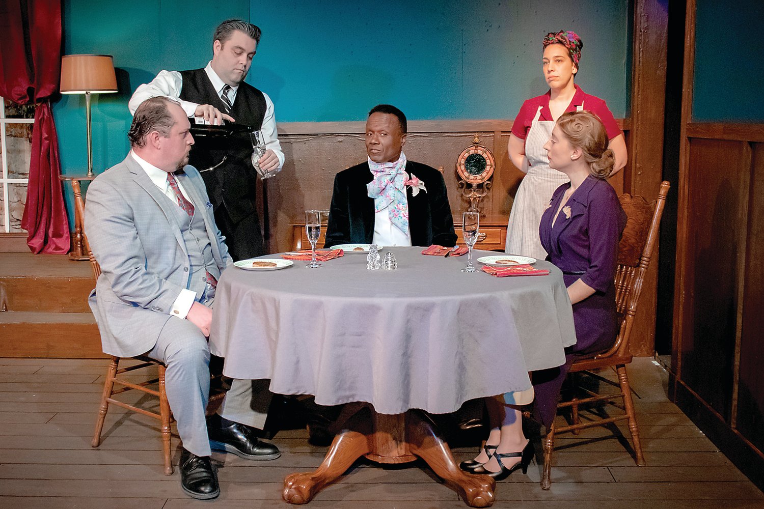 From left, Nicholas Pecht, D. Ryan Lafferty, G. Anthony Williams, Hayley Rubins-Topoleski, and Charlotte Kirkby star in “The Dover Road,” ActorsNet’s latest production.