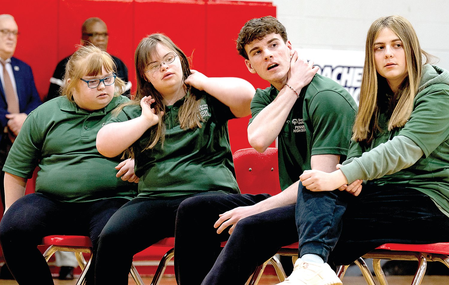 Pennridge players watch the games and wait their turn. From left, Rylee Wunsch, Gianna Priole, Parker Wood, and Holland Levin took part in the Bucks County Unified Bocce Championship at Bristol High School.