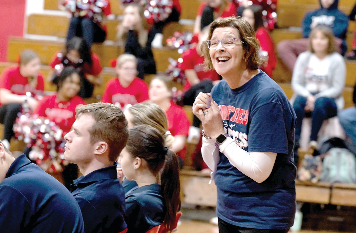Central Bucks East Unified Sports Coach Jen Dougherty cheers on players during the bocce match. CB East took the top prize March 3. Participants were part of a Special Olympics program that, according to its website, promotes social inclusion by bringing together students with and without disabilities to train and compete as teammates.