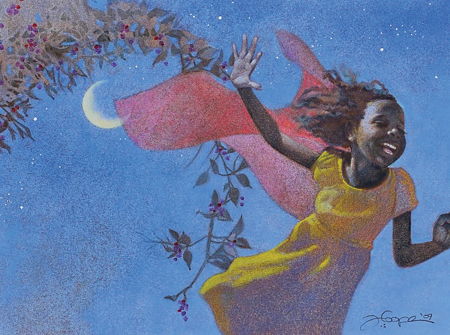 “Child with Moon,” an an oil wash on board, is an illustration by Floyd Cooper (1956-2001) from “The Blacker the Berry Poems,” by Joyce Carol Thomas. It was a gift of Deborah and Theodore Croll to the James A. Michener Art Museum in 2002.