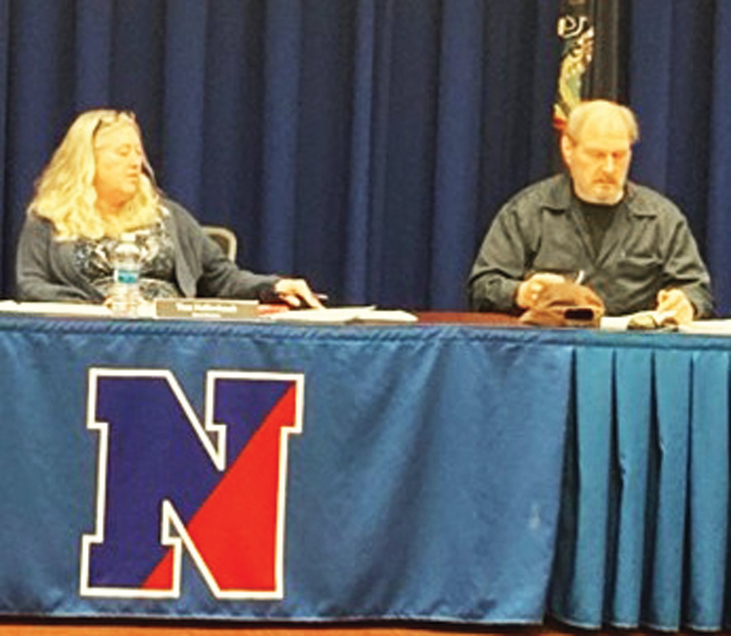Neshaminy School Board President Tina Hollenbach, left, and board member John Allen at the March 29 Business Operations Committee meeting, where district Business Administrator Donald Irwin recommended that the district take steps to enact an earned income tax.