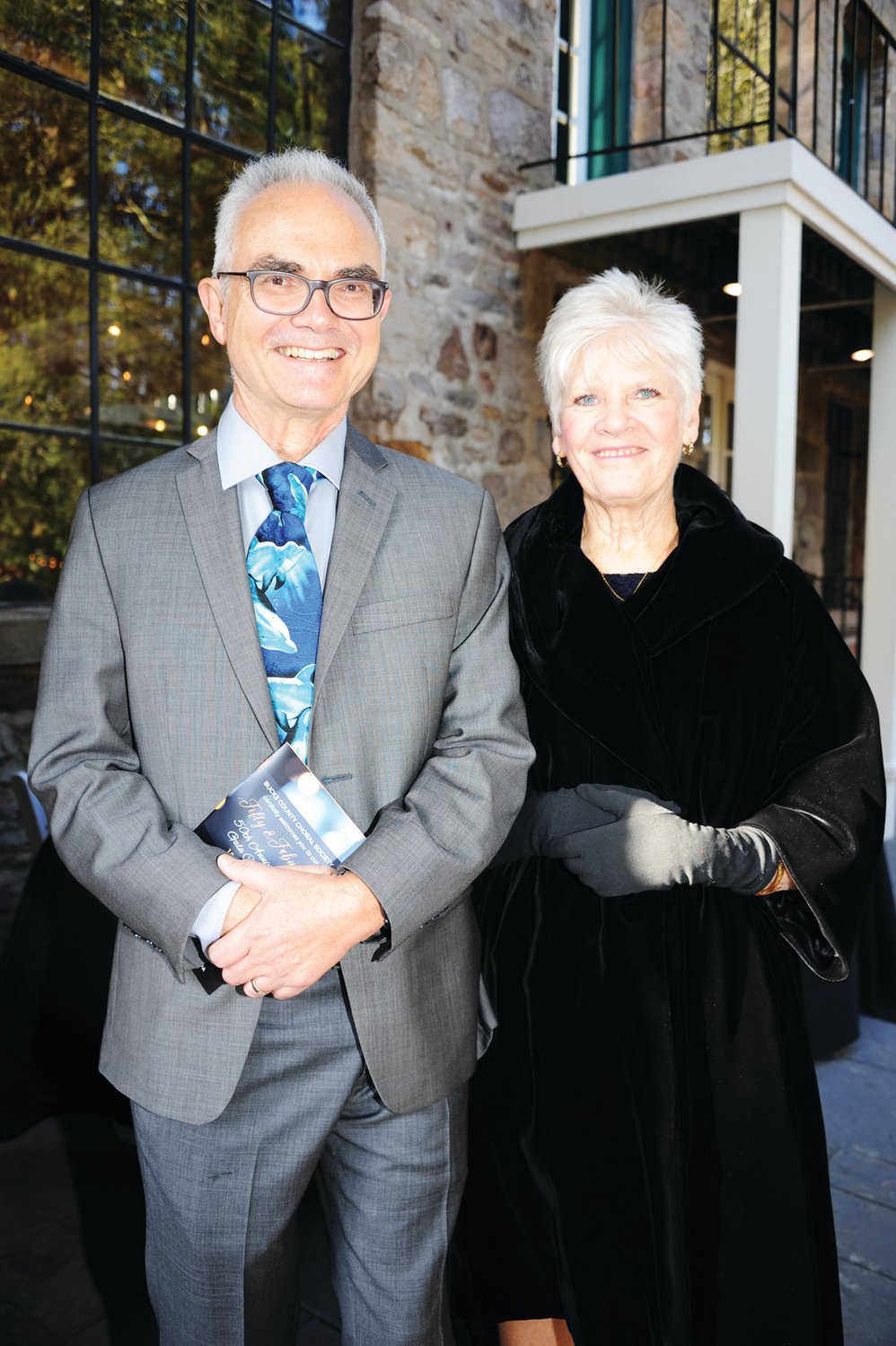John Humphreys and Susan Johnson greet guests as they arrive at HollyHedge Estate in Solebury for the Bucks County Choral Society’s 50th anniversary gala. Johnson is the society’s assistant conductor and soprano section leader.