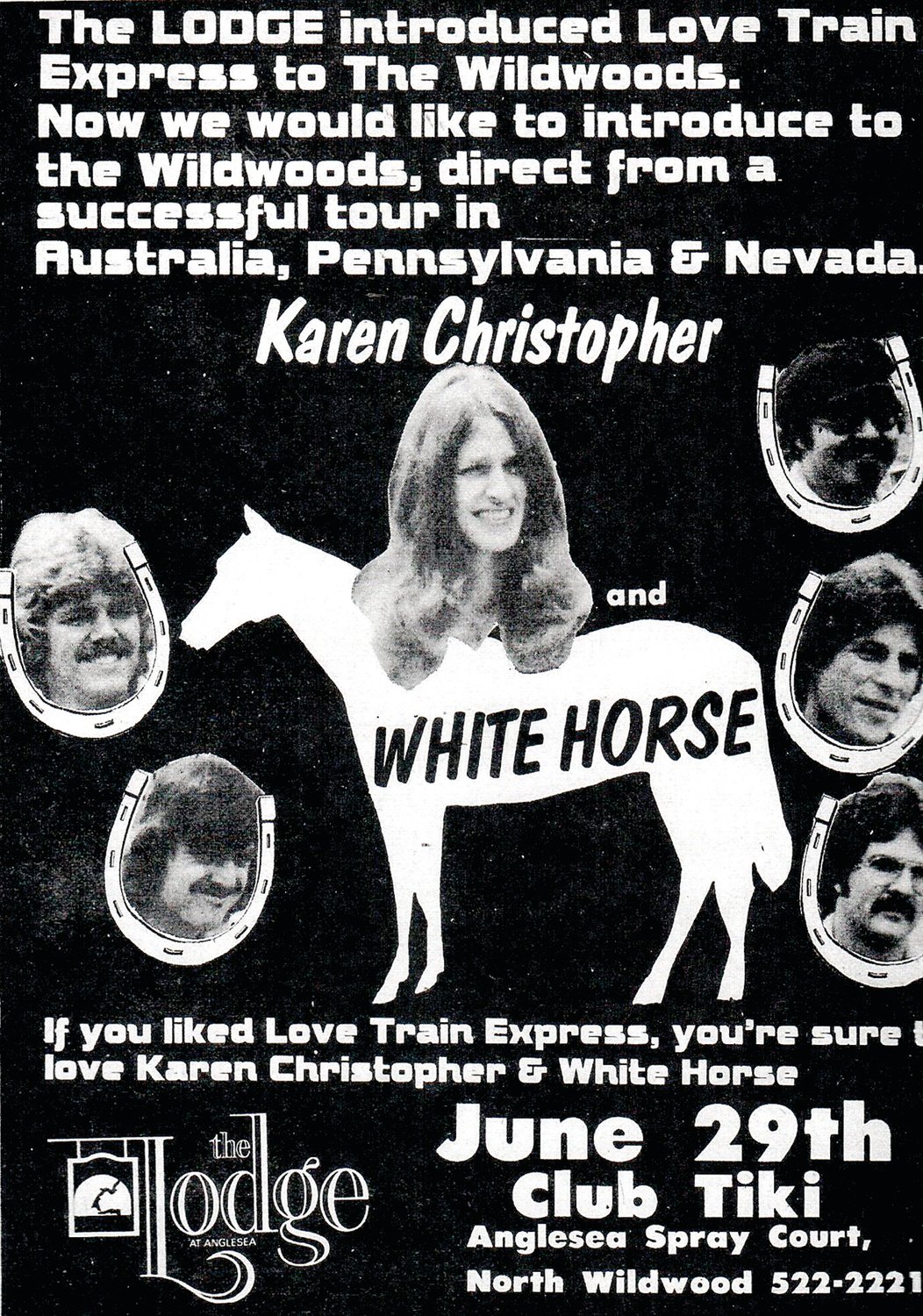A 1970s advertisement for Karen Christopher and her band White Horse.