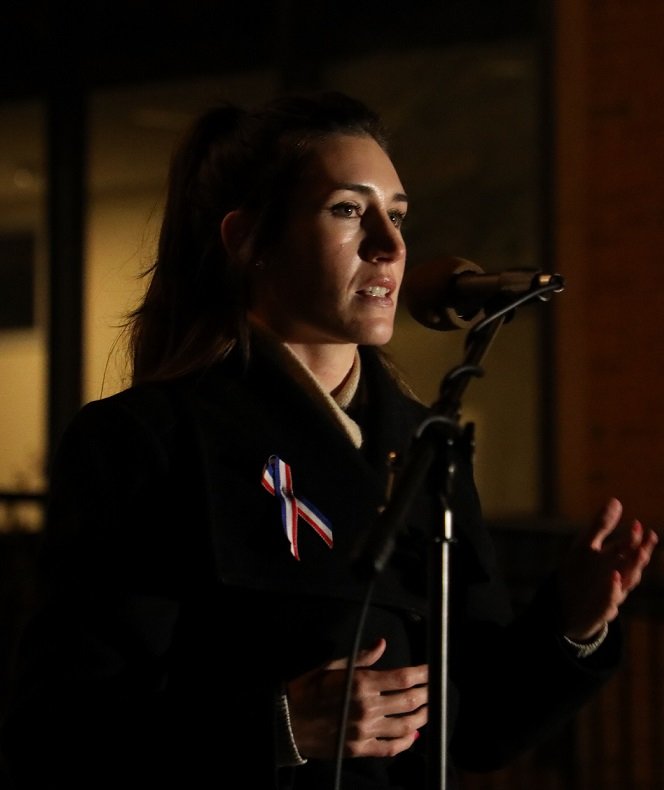 Ashley Ehasz addresses participants in a candlelight vigil in Doylestown to memorialize those who died as a result of the events of Jan. 6, 2021. Ehasz has announced that she plans to run for Congress in the 1st District again in 2024.