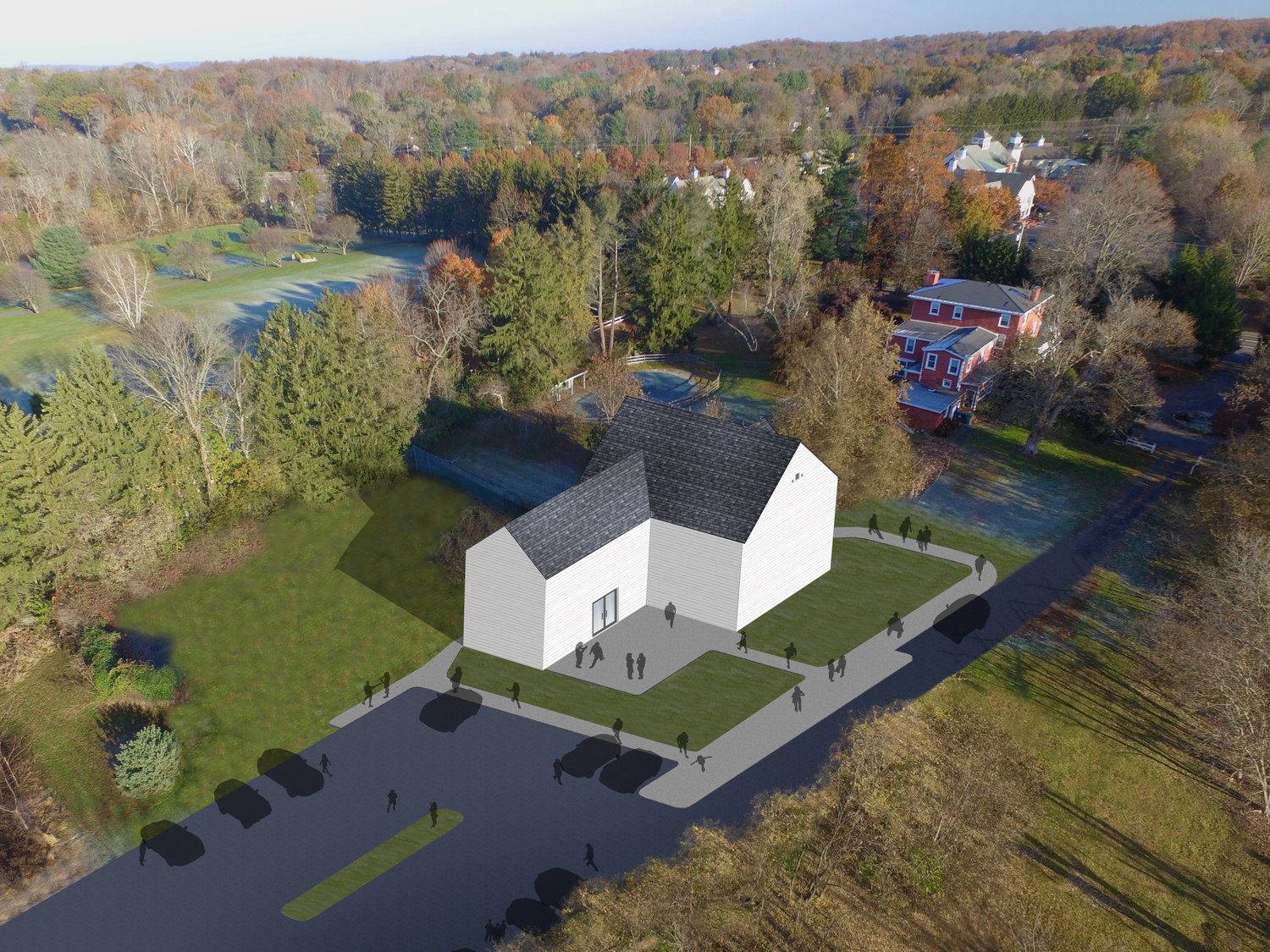 An aerial rendering of the Oscar Hammerstein Museum and Theatre Education Center.