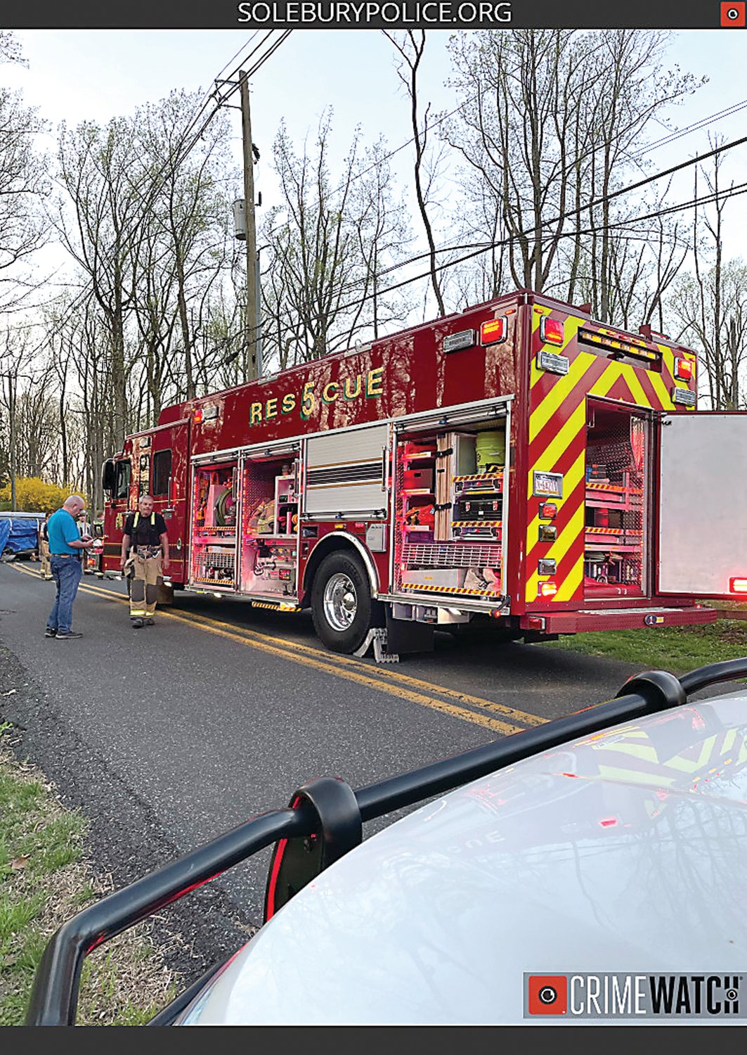 A Midway Fire Co. truck takes part in the rescue effort in Solebury.