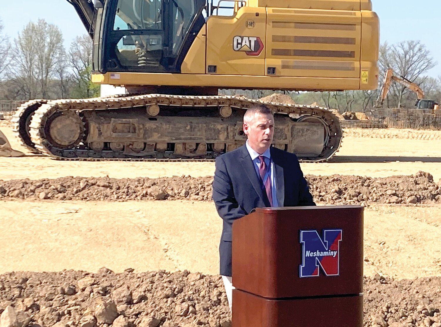 Neshaminy Substitute Superintendent/Director of Secondary Education Jason Bowman speaks during a ceremonial groundbreaking for the district’s new elementary school on April 13, in Middletown.