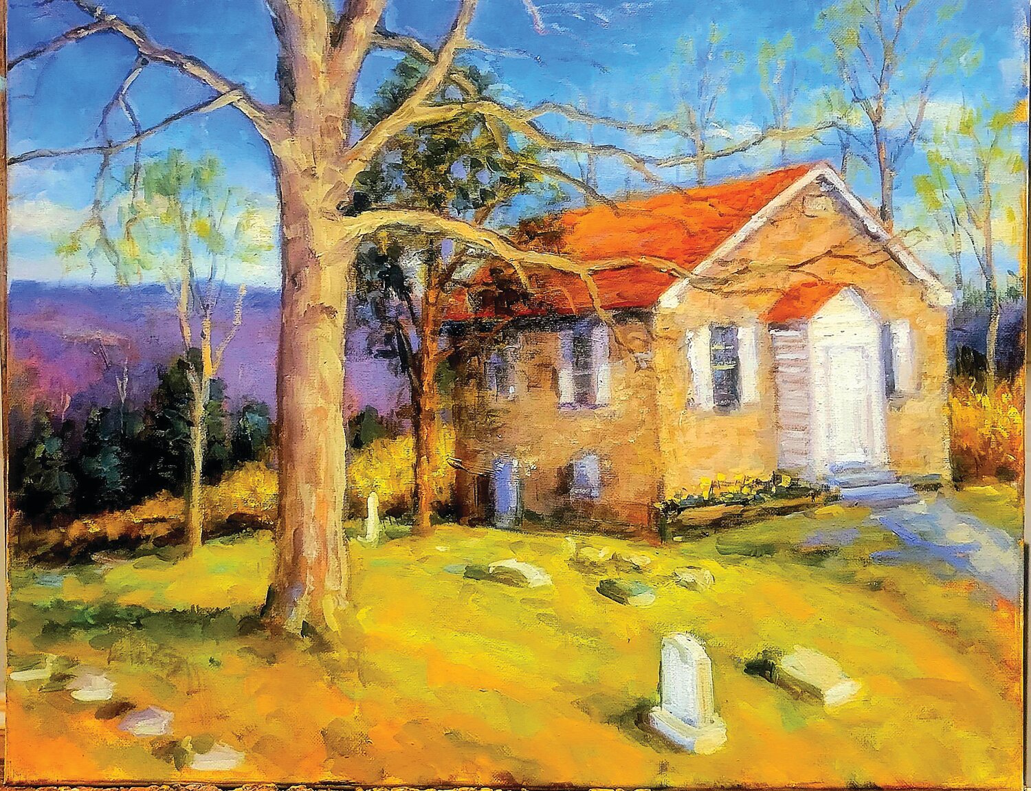 Jim Lukens’ painting of Mount Gilead Church on Buckingham Mountain is being auctioned off to benefit the historic church’s restoration.