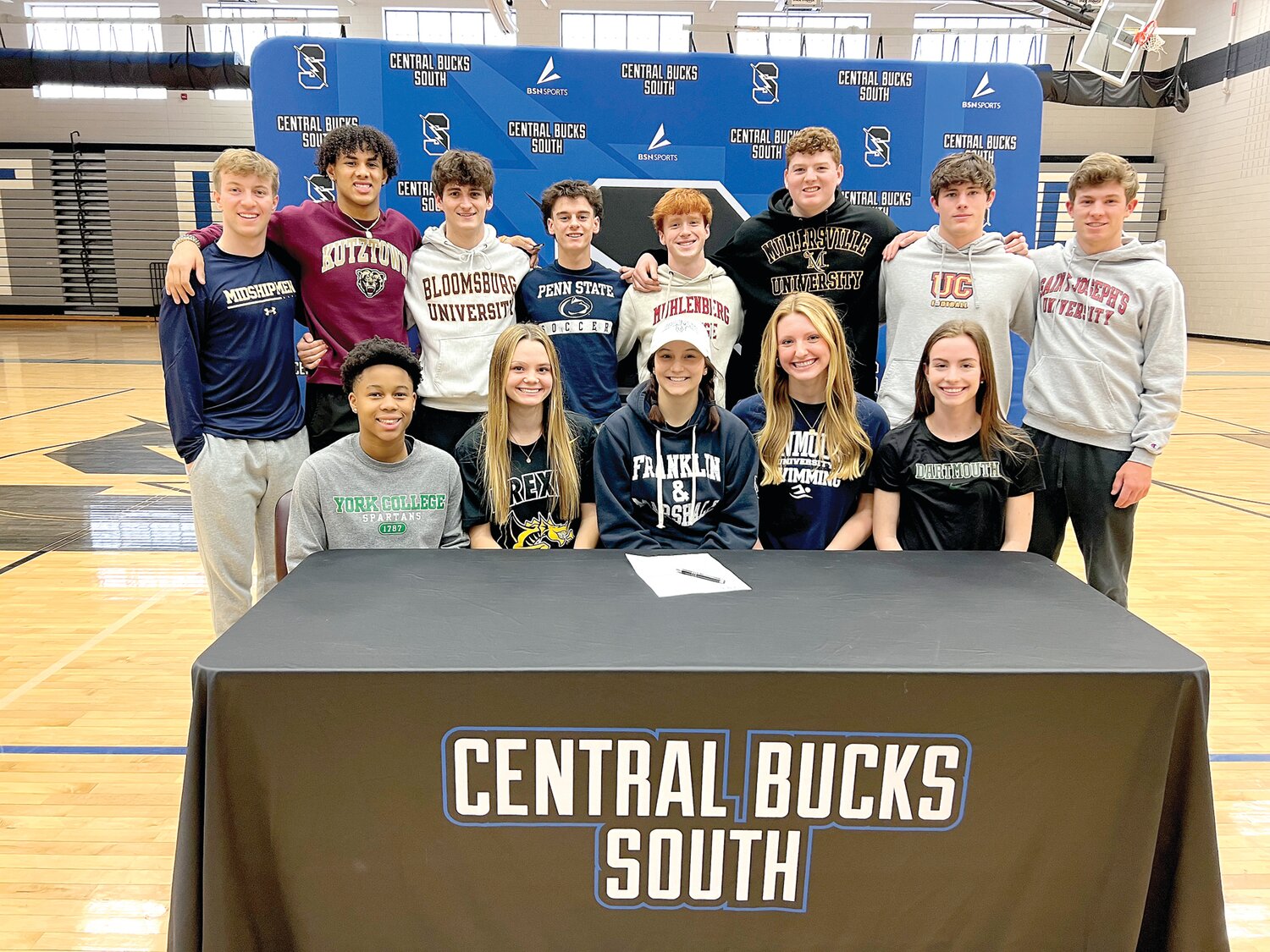CB South recognized 13 seniors for their commitment to play collegiate sports on March 2. Those honored include, back row, Ethan Cunningham, Liam Goss, Jack Carver,  Colin O’Hara, Tommy Donnelly, Kevin Dingas, Will Ratcliffe,  Noah Moelter; front row, Zoe Levesque-Petsch,  Lily Haag, Nora Sidorski, Riley Reteneller and Julia Pye.