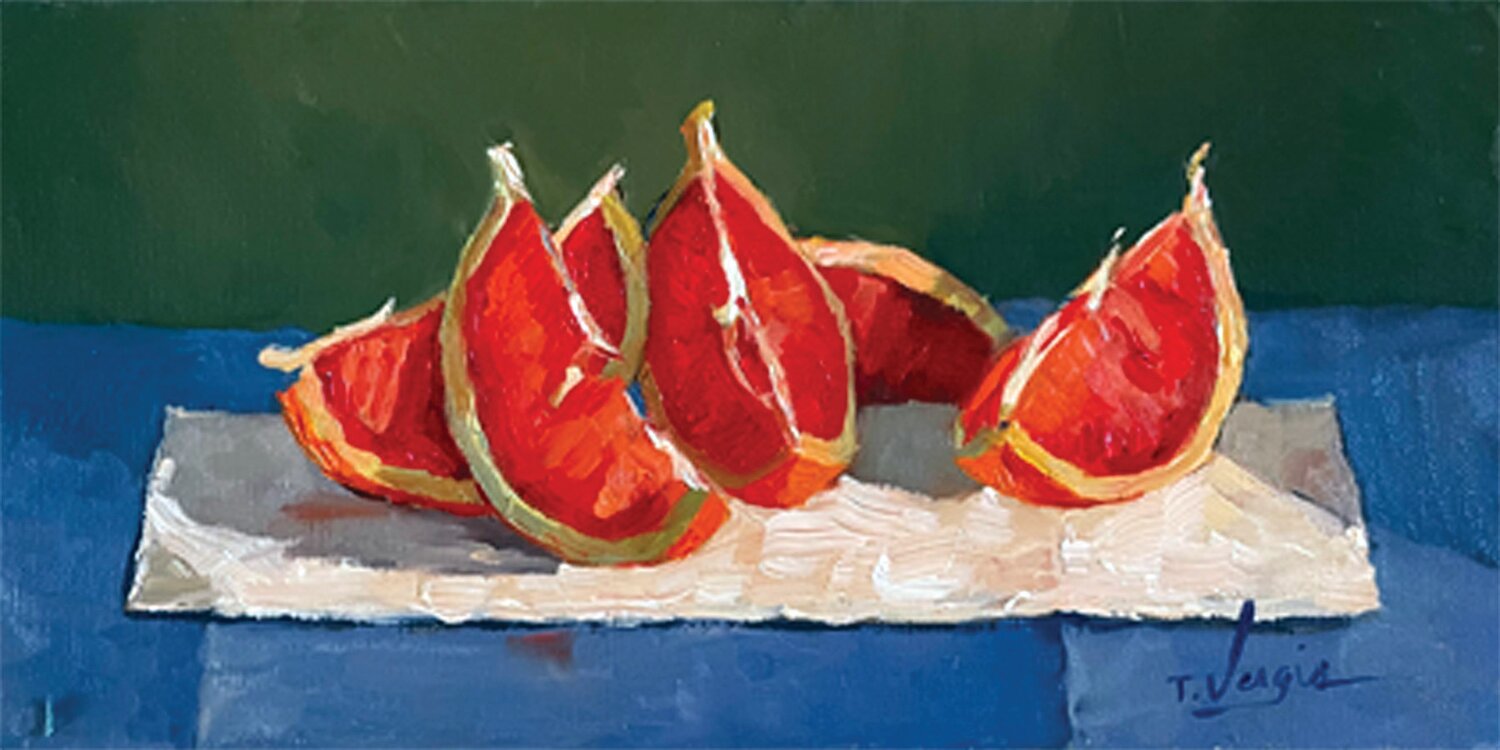 “Blood Orange Slices” is an oil on canvas board by Trisha Vergis.