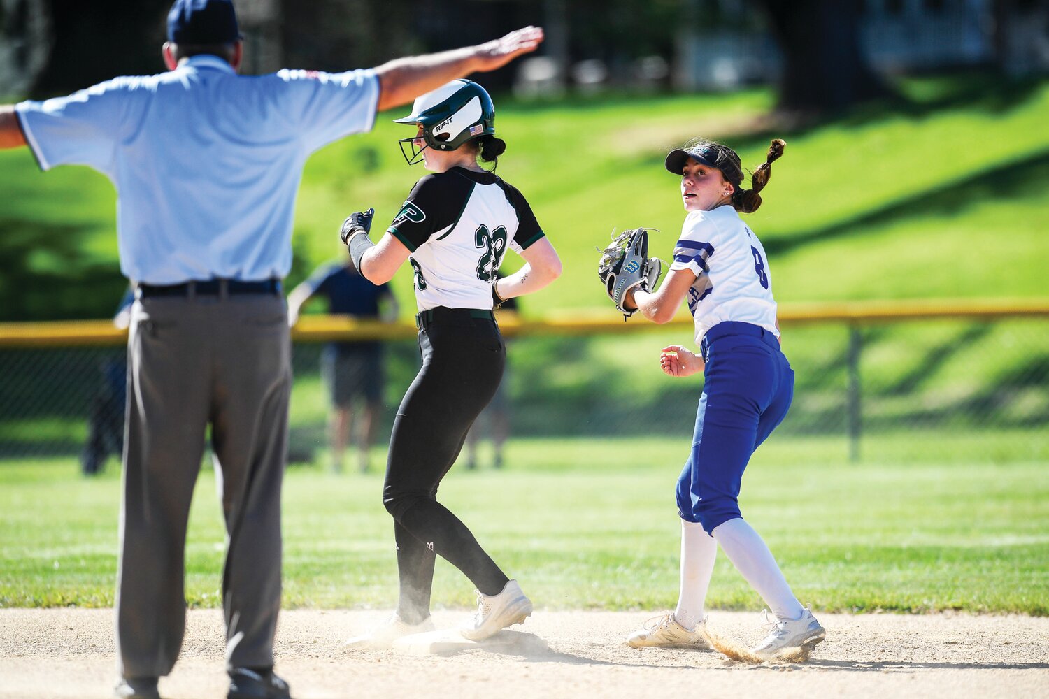 Pennridge’s Ashleigh Kenworthy gets to second base after a double in the fifth inning.