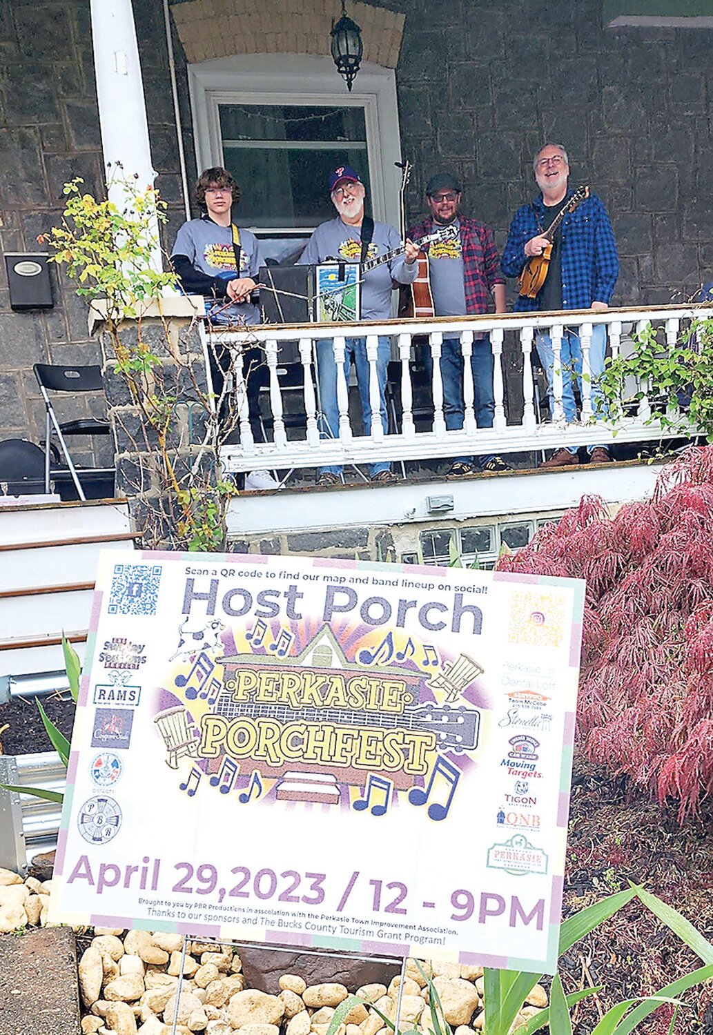 Tower Hill, a local bluegrass band, performs on Race Street at one of the host porches of Perkasie PorchFest.